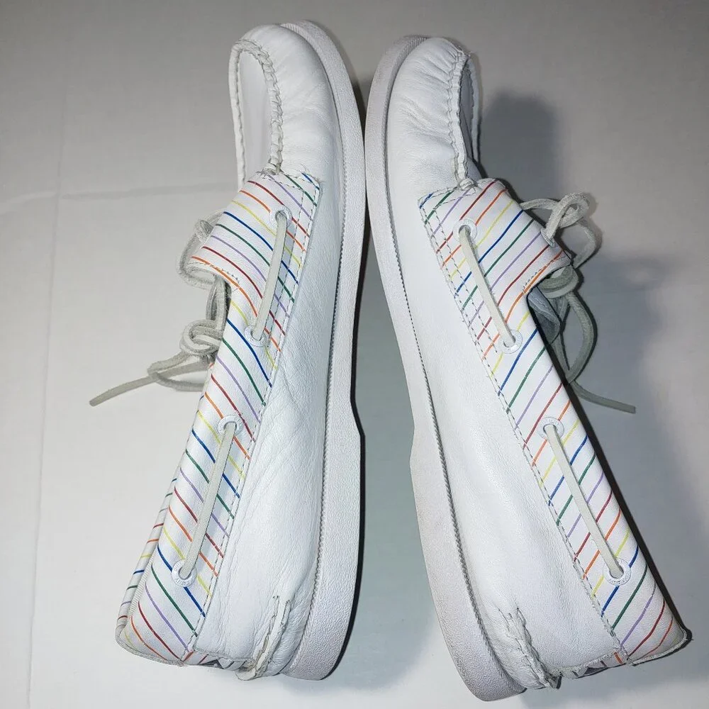 - Sperry Top Side Authentic Original Pride Boat Shoes White Leather Size 13